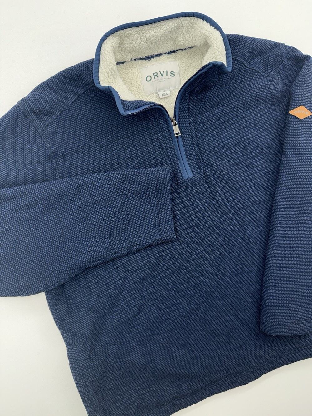 Orvis Mens Navy Sherpa Lined Quarter Zip Fleece Classic Pullover Sweater Top L